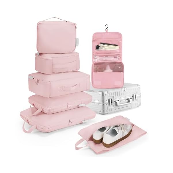 【送料無料】トラベルポーチ 圧縮 7点セット 旅行用ポーチ パッキングポーチ スペース40%節約 圧縮袋 旅行 圧縮バッグ スーツケース仕分け 軽量 丈夫なファスナー圧縮 出張 旅行 便利グッズ ピンク