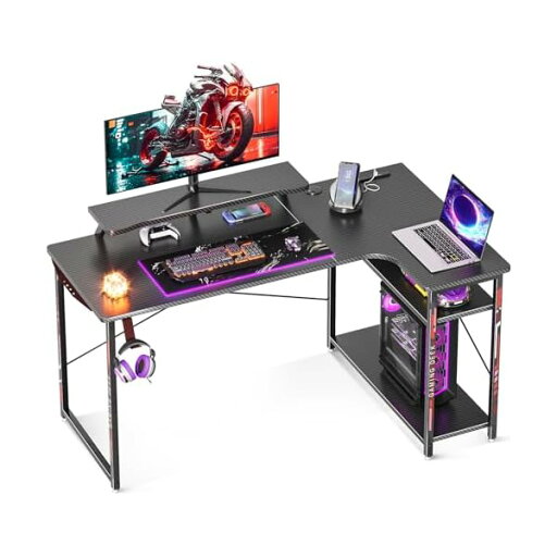 FO:ゲーミングデスク パソコンデスク 幅130 l字デスク コンセント付き pcデスク デスク 机 ラック付き コーナーデスク 収納 オフィスデスク 組立簡単 右棚 カーボン調ブラック FO:ゲーミングデスク パソコンデスク 幅130 l字デスク コンセント付き pcデスク デスク 机 ラック付き コーナーデスク 収納 オフィスデスク 組立簡単 右棚 カーボン調ブラック
