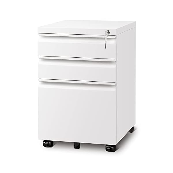 【送料無料】デスクワゴン サイドワゴン キャビネット オフィスワゴン 袖机 キャスター付き 鍵付き 3段オールロック 大容量 A4対応 幅390*奥行480*高さ600mm 丈夫なスチール製 サビ止め塗装 ホワイト