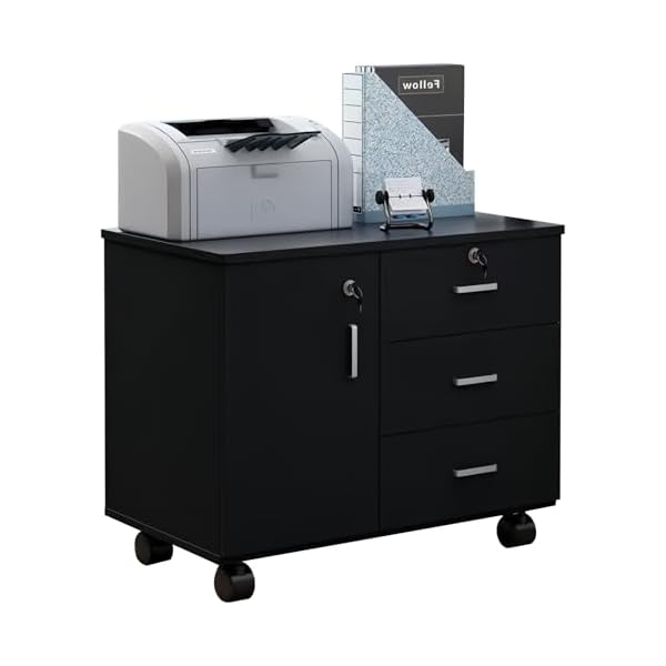 【送料無料】キャビネット 収納 オフィス用 デスクワゴン 脇机 袖机 鍵付き チェスト A4対応 引き出し キャスター付き 扉付き 脚付き 完成品 大容量 デスク下 木目調 長さ70幅40高さ57CM (ブラック)