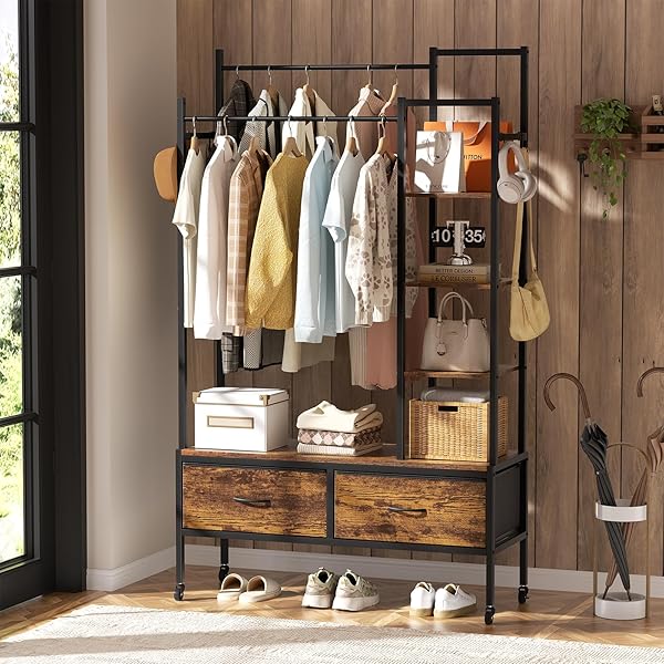 【送料無料】ハンガーラック 引き出し付き 洋服ラック キャスター付き ワードローブ 2段 棚付き コート掛け タンス キャスター付き 衣装棚 洋服掛け 衣類収納 ダブル 収納付き ロッド 多機能 大容量 頑丈 wardrobe 全体耐荷重115kg