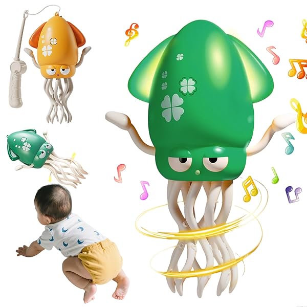 【送料無料】赤ちゃん おもちゃ 0歳1歳 知育玩具 子供 男の子 女の子 2歳3歳4歳5歳 誕生日プレゼント クリスマス 動く玩具 イカ LEDライト 音楽 ハイハイ期 センサー付き 障害物回避 USB充電式 (グリーン)