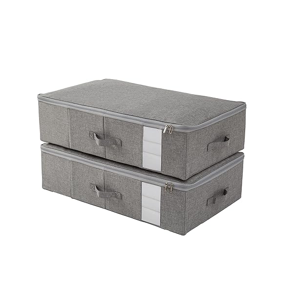 【送料無料】収納ボックス 収納ケース 大容量 衣類収納 折りたたみ 取っ手付き ふた付き おしゃれ 布製 衣装ケース 透明窓付き ファスナー (グレー, 幅70×奥行42×高さ18cm 2点セット)