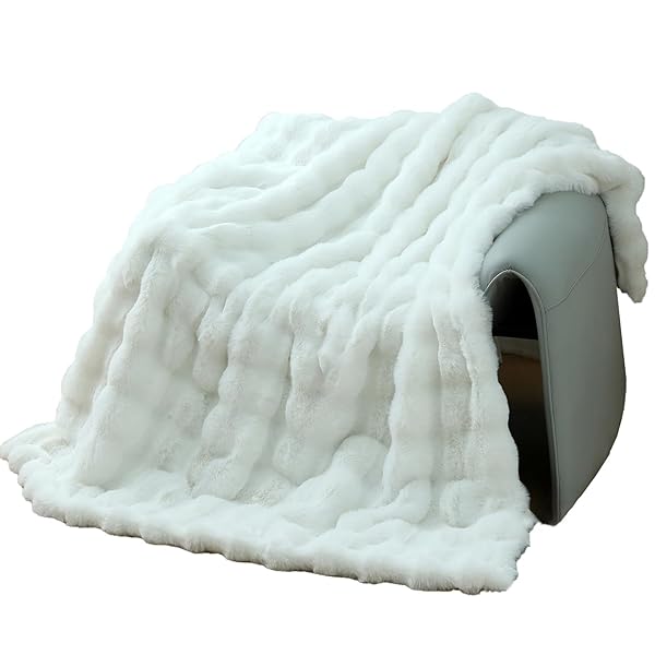 【送料無料】ラグジュアリーウォームブランケット カジュアル毛布 高級ソファ毛布 トスカーナ風 寝室用 ソファー用 大判 フェイクラビットファー ショート起毛 軽贅沢(100x160cm,ホワイト)