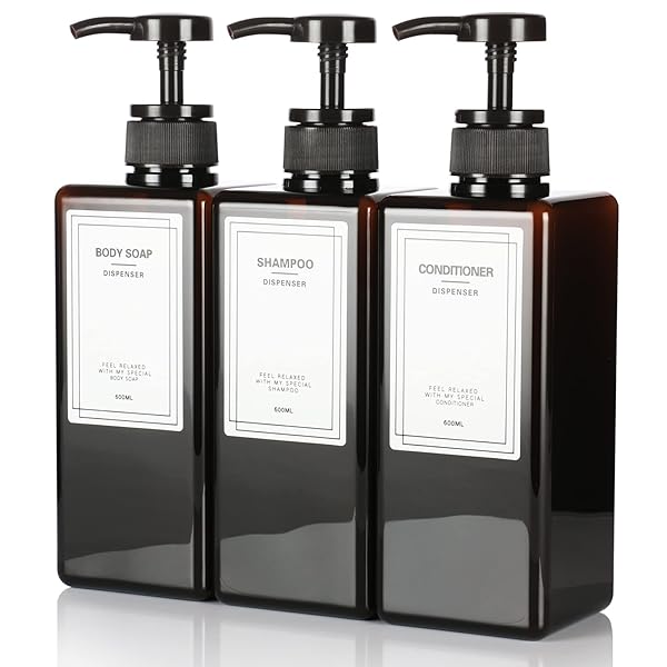 【送料無料】シャンプーボトル ディスペンサー 詰め替えボトル ロート 漏斗付き 600ml 3本セット (ブラウン)
