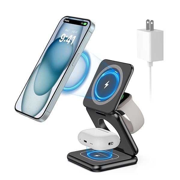 【送料無料】KUXIU X40 ワイヤレス充電器 3in1 アルミ製 magsafe スタンド マグセーフ充電器 マグネット 5-15W出力 折り畳み 急速充電 3台同時充電可能 iPhone16/15/14/13/12シリーズ対応 AirPods/