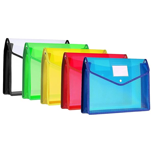 【送料無料】ファイルケース 5個セット プラスチック A4ファイ ル袋 ボタン式ファイ ル袋 ファイルホルダーバッグ 大容量 防水 透明 可愛い オシャレ 資料 書類 整理収納 (黒青赤緑黄)