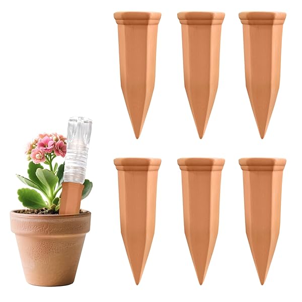 【送料無料】自動給水器 植物 自動水やり器 (6本セット) 水やりチェッカー 自然素材製 陶土自動給水器 鉢植え用 持続保湿式 水やり不要で観葉植物をケア 室内 ベランダ対応 節水設計 安心給水プランター 水やり 景観デザイン 自動給水キャップ 自動