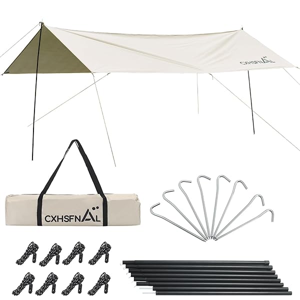 【送料無料】タープ 天幕 防水タープ 大型 300*400cm ループ8箇所 高さ調節可能なポール付き 軽量 紫外線対策 UVカット 防雨・防風・日除け キャンプ アウトドア 収納ケース付 3-6人用 カーキ