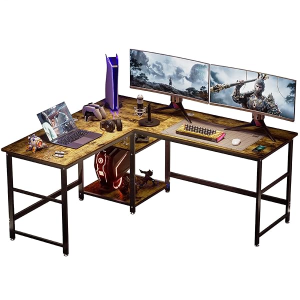 【送料無料】ゲーミングデスク パソコンデスク 幅170+150cm×奥行60cm L字デスク 収納棚付き 頑丈な40×20mmスチールパイプ 作業机 勉強机 省スペース 組立簡単ブランド色ブラウンモデルLX-JJL-0104-USFGS-1...