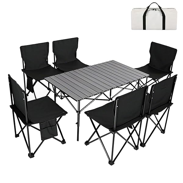 【送料無料】アウトドア テーブル チェア セット キャンプ テーブル57cm×95cm×50cm ピクニックテーブル 超軽量 折り畳み 組立簡単 収納バッグ付き BBQ お釣り ガーデン キャンプ用品(ブラック, 7点セット)