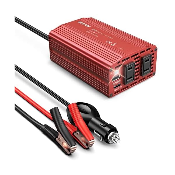 【送料無料】修正正弦波 300Wインバーター USB-C PD 30W + USB-A QC 18W 車載用インバーター DC12VをAC100Vに変換 シガーソケット コンセント バッテリー接続コード付き A-MRI3010BU-RD-PD30W-