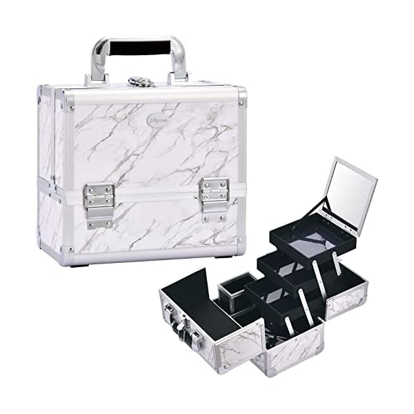 【送料無料】コスメ メイク ボックス 鏡付き 大容量 ブラシ立て 3段トレイ 化粧箱 化粧品 収納 メイクブラシケース 母の日のプレゼント (大理石柄-ホワイト)