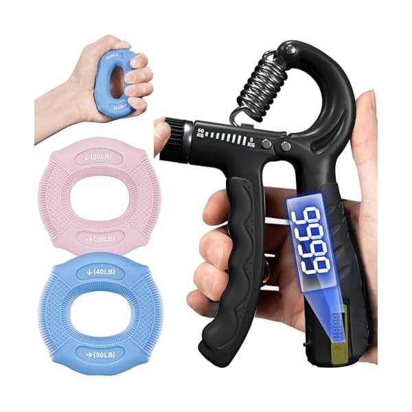 【送料無料】ハンドグリップ1個+握力リング2個セット 可変式 電子カウンター ボタン電池内蔵 筋トレ 握..