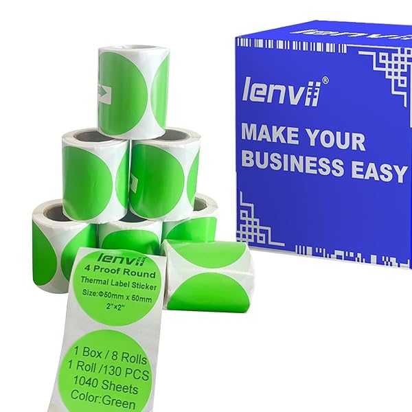 【送料無料】50mm×50mm グリーン丸型感熱ラベルステッカー 1040枚 - 8ロール×130枚、4防仕様（耐引き裂..