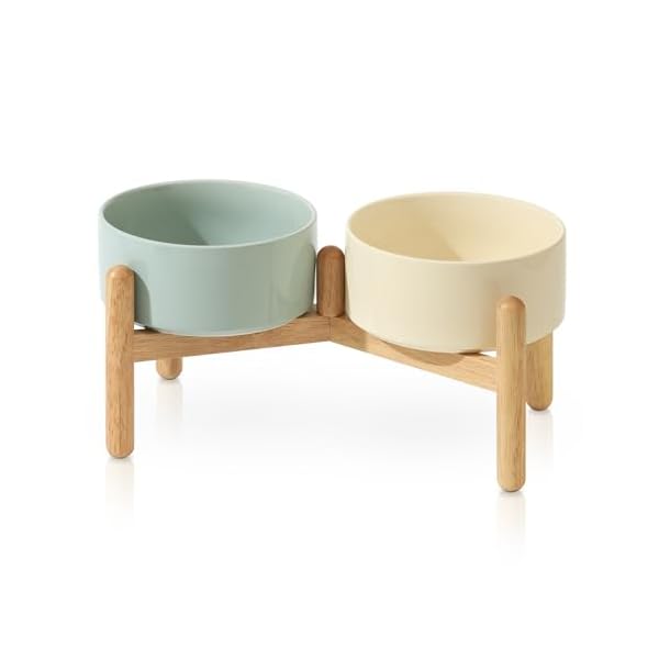 【送料無料】陶器製 犬フードボウル 850ml ゴムの木製スタンド付き 滑り止め 中型犬向け 水飲み皿・ご..