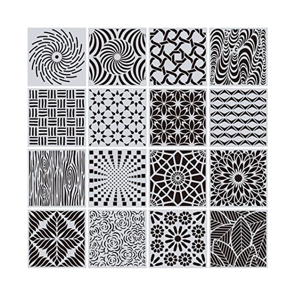 【送料無料】透かし彫り 幾何学 15 x 15 cm 製図用 32種類 16枚セット テンプレート DIYスクラップ ステンシルシート 教育用 絵画 透彫 ホワイト (Cセット)