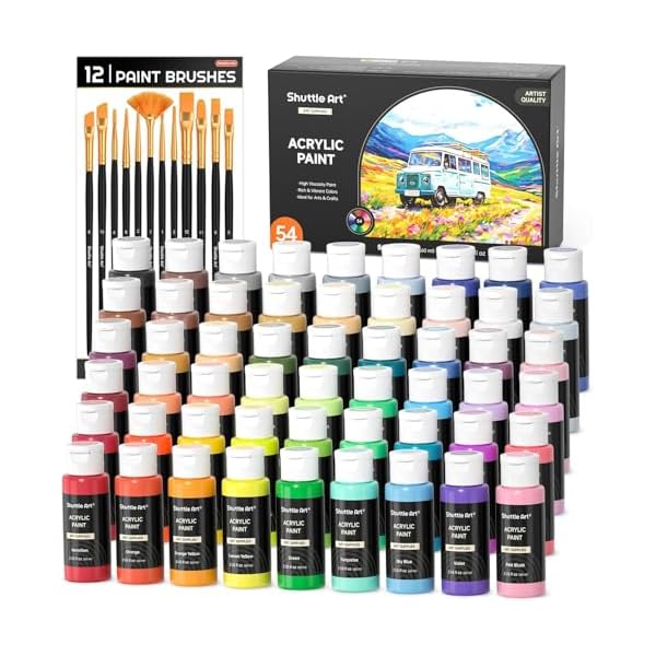 【送料無料】アクリル絵の具 54色セット 筆12本付き 絵の具セット 大容量 60ml 速乾 耐水 耐久 伸びがいい 鮮やか メタリック 蛍光色 ボトル イラス...