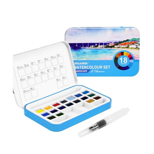 【送料無料】旅行用水彩絵の具セット - 風景画用の色 18色 固形顔料 - ポータブル鉄の小箱装、スケッチ用の水彩絵のブラシペン付き 旅行向けの無毒顔料 - 絵...