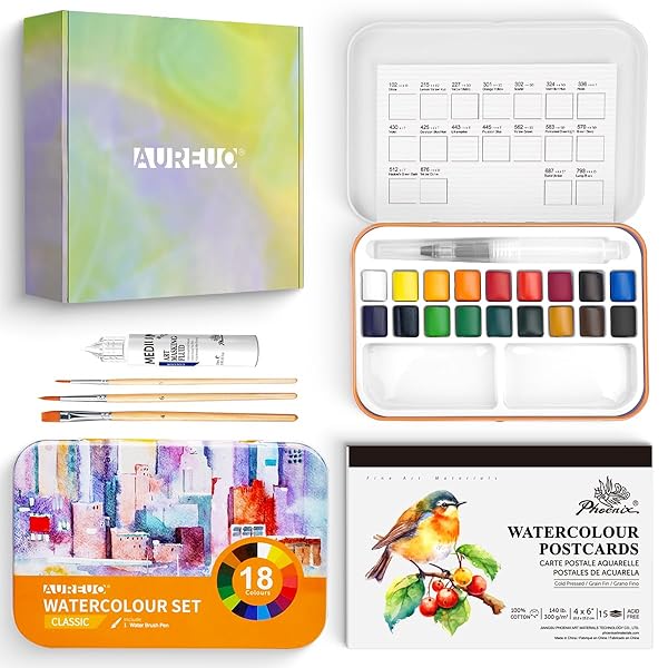 【送料無料】旅行用水彩絵の具セット 通用色 18色 固形顔料 - 小箱内パレット付き/ブラシ、水彩ポストカード、マスキングペン、トートバッグ付属 - 絵画愛好家...