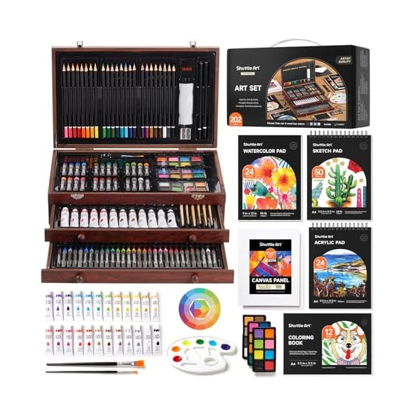 【送料無料】お絵描きセット 202点 アートセット 画材セット 色鉛筆 アクリル絵の具 クレヨン 固形水彩 デッサン鉛筆 塗り絵 キャンバス スケッチブック イラスト 水彩画 鉛筆画 パレット・ブラシ付き お絵かきセット 収納ボックス 携帯便利 プレ