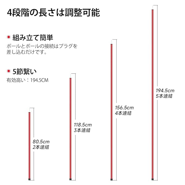 【送料無料】タープポール テントポール アミル製 5本連結 調節可能 全長194.5cm ...