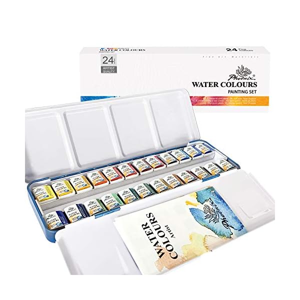 【送料無料】アーティストグレード水彩絵具セット ? 24色ハーフパン / 透明質感ピグメント水彩/パレット付きのブリキ箱入り - コンパクト携帯に便利トラベルセ...