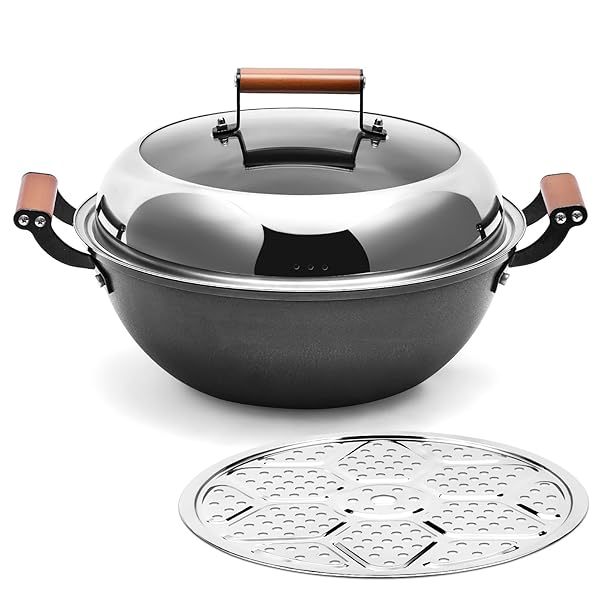 【送料無料】中華鍋 両手 32cm 蒸し器セット ガラス蓋付き 窒化鉄製 フライパン 鍋 炒め物 煮物 蒸し料..