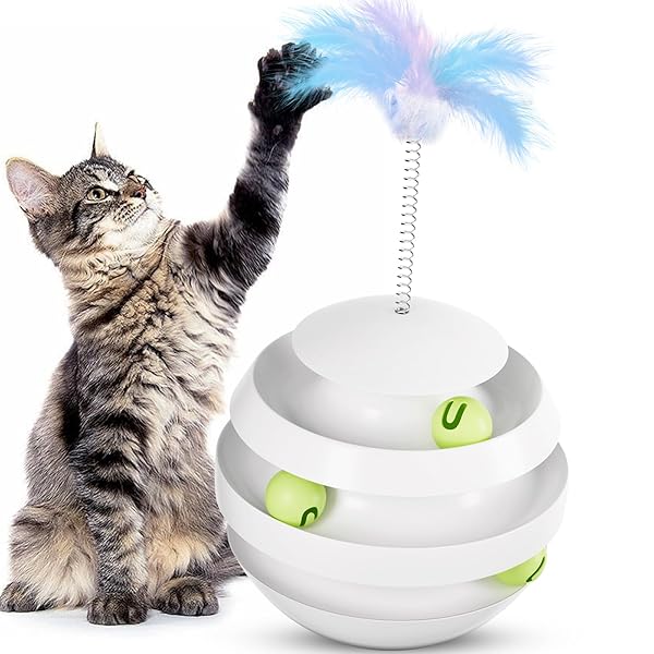【送料無料】猫 おもちゃ 玩具 倒れない 回転ボール 羽の猫じゃらし付き 知育玩具 くるくる 運動不足対策 ストレス解消 インタラクティブおもちゃ 猫用品 ペット用品 グレー
