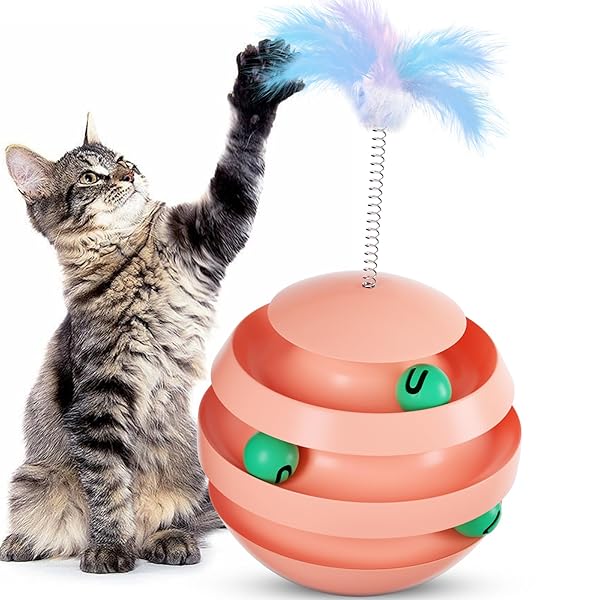 【送料無料】猫 おもちゃ 玩具 倒れない 回転ボール 羽の猫じゃらし付き 知育玩具 くるくる 運動不足対策 ストレス解消 インタラクティブおもちゃ 猫用品 ペット用品 ピンク