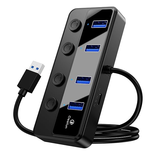 【送料無料】QEEFUN USB3.0ハブ 5Gbps高速転送 充電ポート付き 5V/3AType-c給電用ポート、60CM ケーブル長 usb増設 独立ON/OFFスイッチ LED表示灯 PC/HDD/SSD/PS4/PS5など対応 テレワーク リ