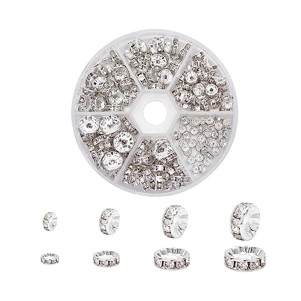 【送料無料】約160個/箱 ロンデル 4/6/8/10mm 平型ロンデル 真鍮 ラインストーン付き スペーサービーズ メタル ビーズ アクセサリーパーツ ジュエリー 手芸用品 クラフト用品 手作り素材 材料 シルバー