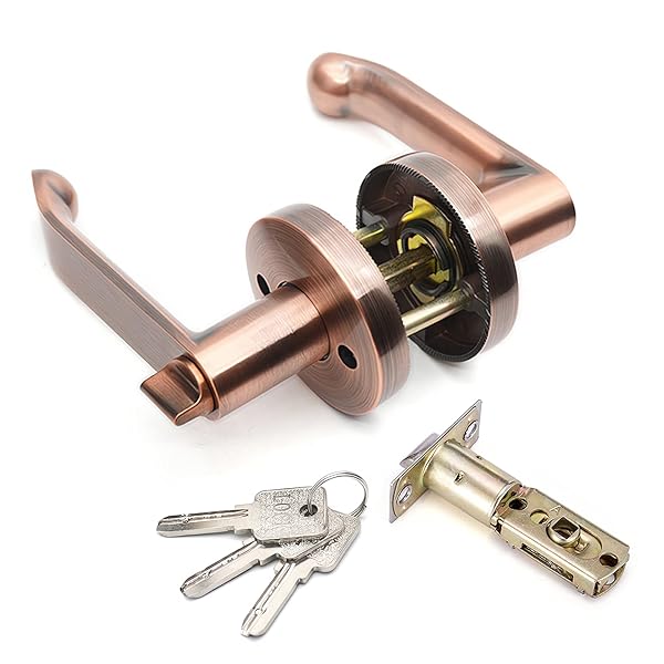 【送料無料】堅塁金物 ドアノブ 鍵付き 室内 浴室に適用 赤銅 レバーハンドル 亜鉛合金の主体 三つ ...