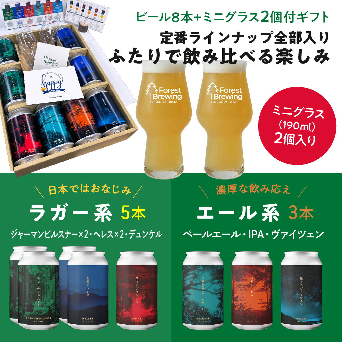フォレストブルーイングのフォレストブルーイング クラフトビール 8本 ミニグラス2個 お中元 夏ギフト クラフト ビール 飲み比べセット ギフト 地ビール ご当地ビール 詰め合わせ ビールギフトセット 贈答用 お中元ビール ビールセット ビール飲み比べ セット 缶ビール 内祝い プレゼント 熨斗｜アングル3