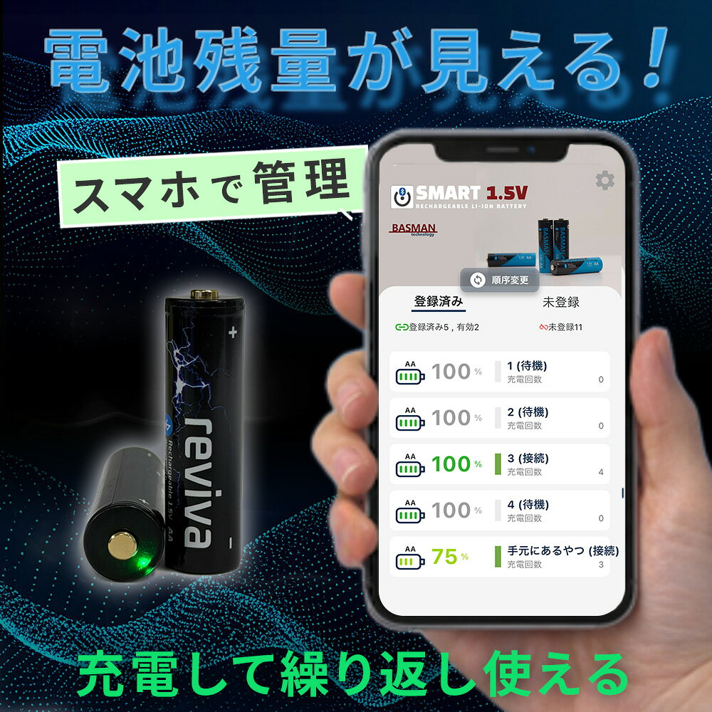 充電式乾電池 単3 単4 1.5V スマホ連動 残量確認 リチウムイオン電池型 バッテリー管理 LED点灯 アプリ対応 専用充電器対応 繰り返し使える 充電池