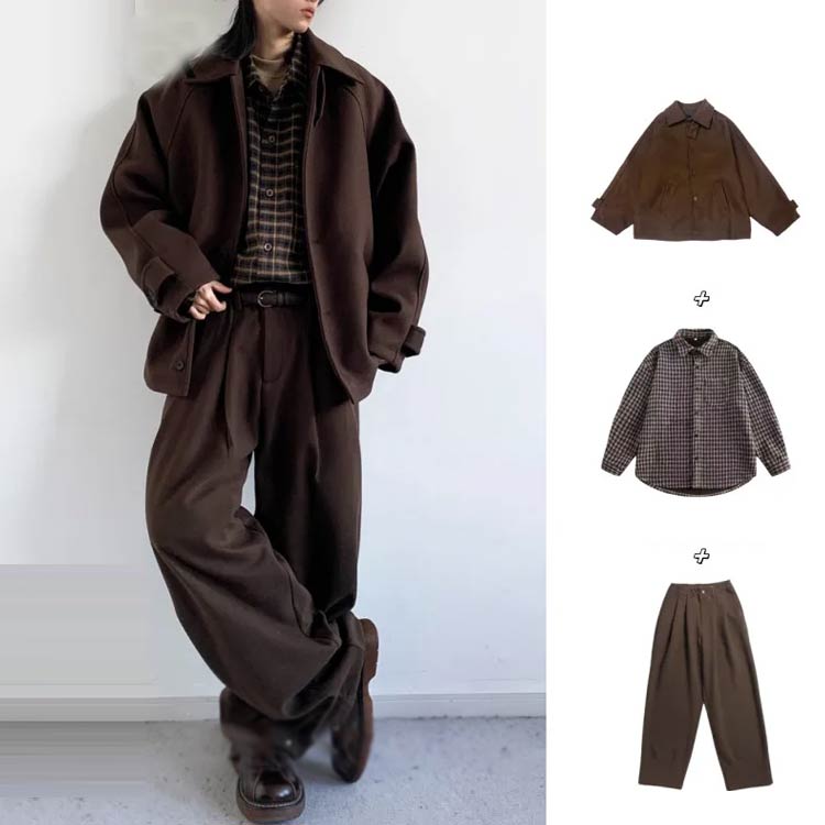 秋冬 セットアップ メンズ レディース 3点セット チェックシャツ スラックス ウールライクコート おしゃれ ブラウン ブラック 体型カバー おしゃれ アメカジ M L XL 2XL 3XL