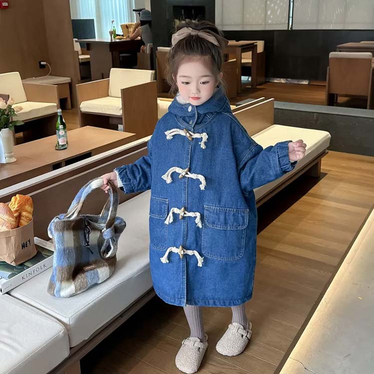 デニムコート 裏起毛 キッズ ダッフルコート スタンドカラー ロングコート 防風 防寒 女児 子ども 厚手 アウター 秋冬 90 100 110 120 130 140 150cm 3