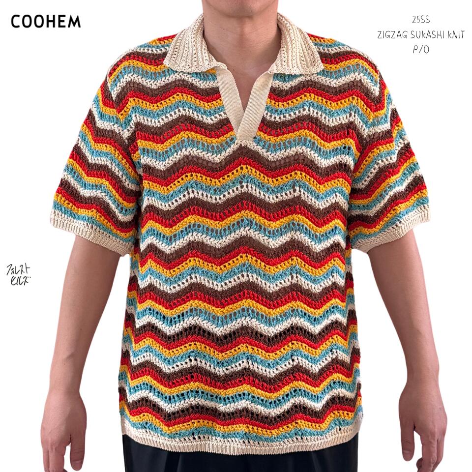 COOHEM(コーヘン) │ZIGZAG SUKASHI KNIT P/O ユニセックス スキッパー ニット プルオーバー コットン RED MULTI/fh108