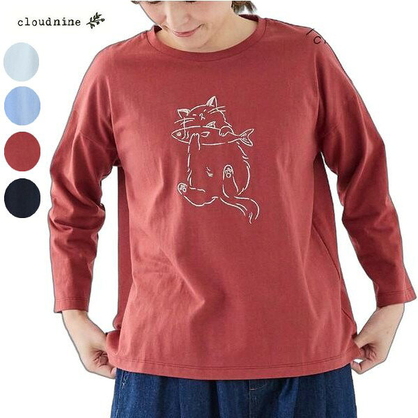 Rakuten - cloud nine クラウドナイン 前胸ネコ刺しゅう入り8分袖カットソー　tシャツ　ネコ　丸首　ドロップショルダー　大きいサイズ　レディース 服 30代 40代 50代 ncs2039m