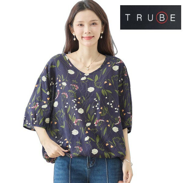 Rakuten - trube 小花柄フローラルネイビーVネックブラウス　大きいサイズ　レディース　服 n13-389m