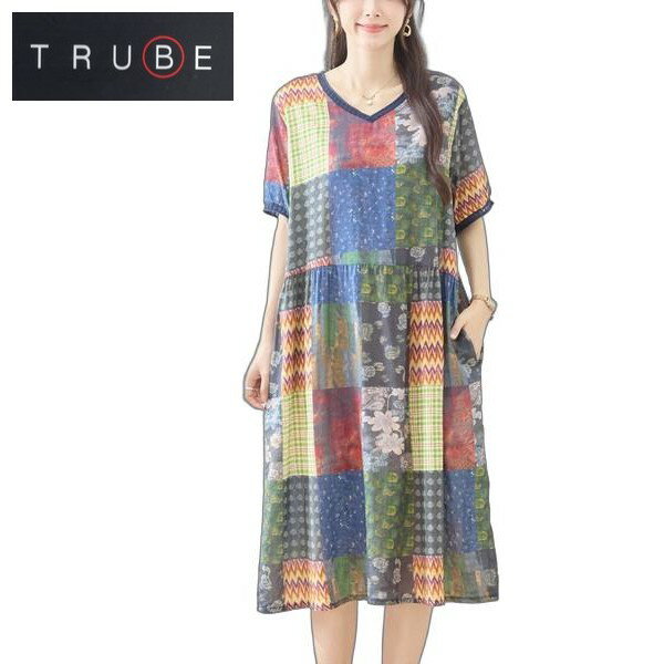 Rakuten - trube プリントVネックコットンワンピース　半袖　綿　大きいサイズ　レディース　服 n82-518m