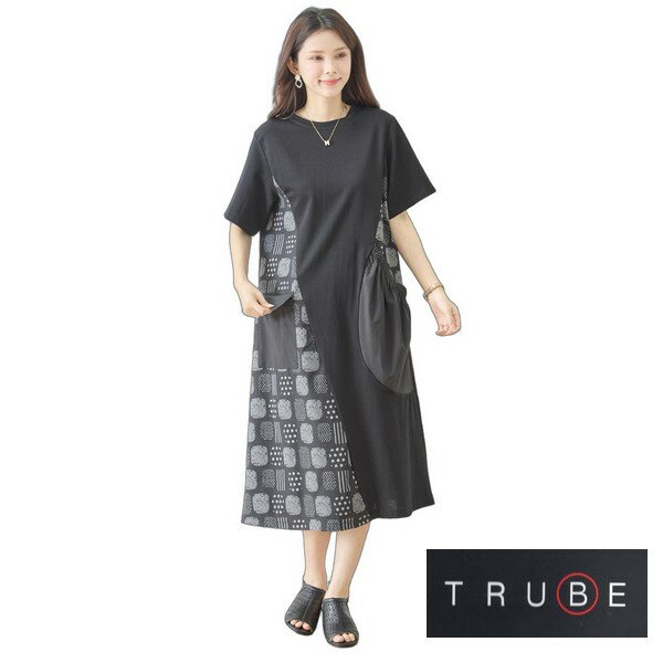 Rakuten - trube 幾何学柄切替ワンピース　半袖　ギャザー　レディース　服 n83-336m