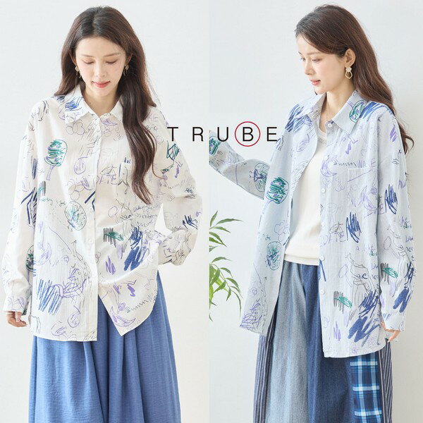 Rakuten - trube 落書きプリントシャツブラウス　長袖　大きいサイズ　レディース　服 n72-650m