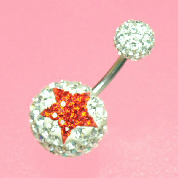 【メール便送料無料】キラキラヘソピアス レッドスター 14GA(1.6mm) ラインストーン ボディピアス【ラインストーン へそピアス ヘソピ バナナバーベル ネイブル キラキラ】 ┃