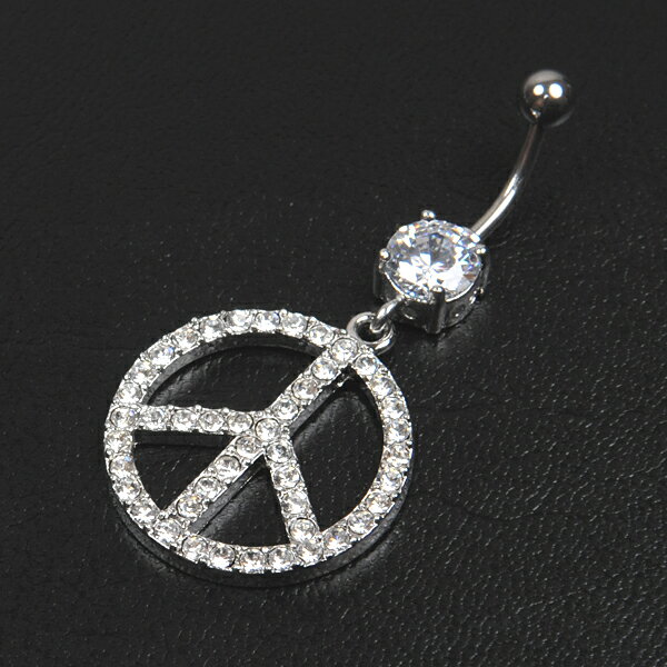 【メール便送料無料】ヘソピアス ピースマーク ラインストーン 14GA(1.6mm) 【ボディピアス ラインストーン ヘソピ バナナバーベル ネイブル キラキラ】HESO-10004 ┃
