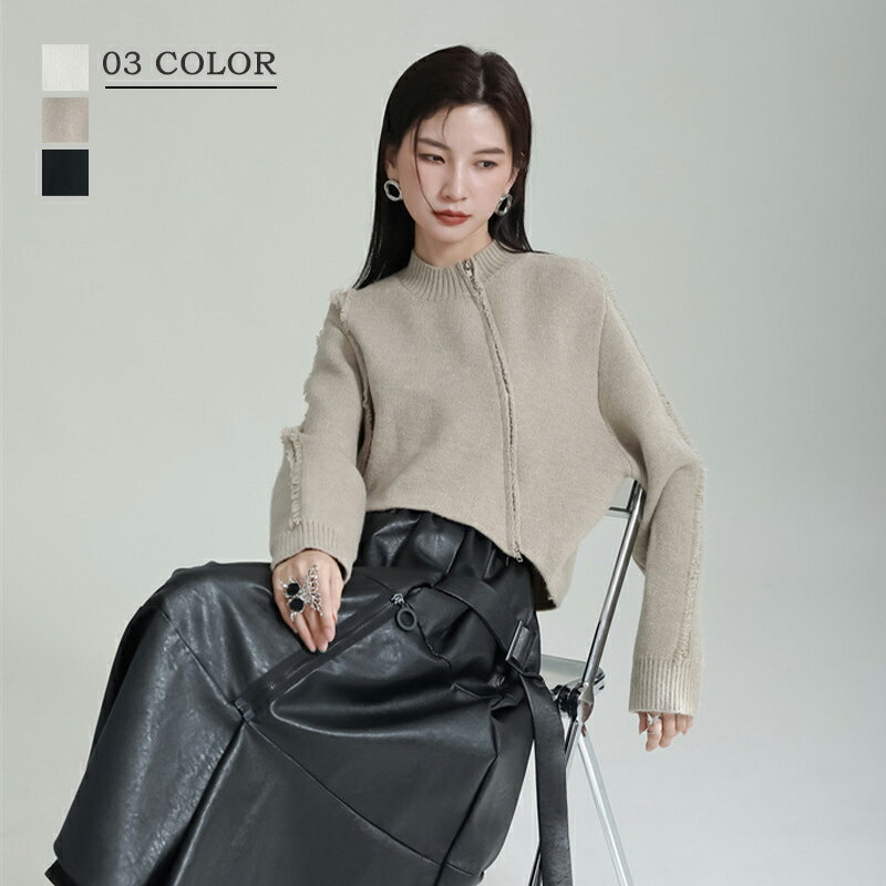 トップス ニット セーター トレンド ファスナー 前開き ヴィンテージ感 ハイネックニット セーター レディース ニットセーター 秋冬 ニット セーター 長袖 おすすめ おしゃれ フリーサイズ クロップド ボリューム袖 無地 ベーシック