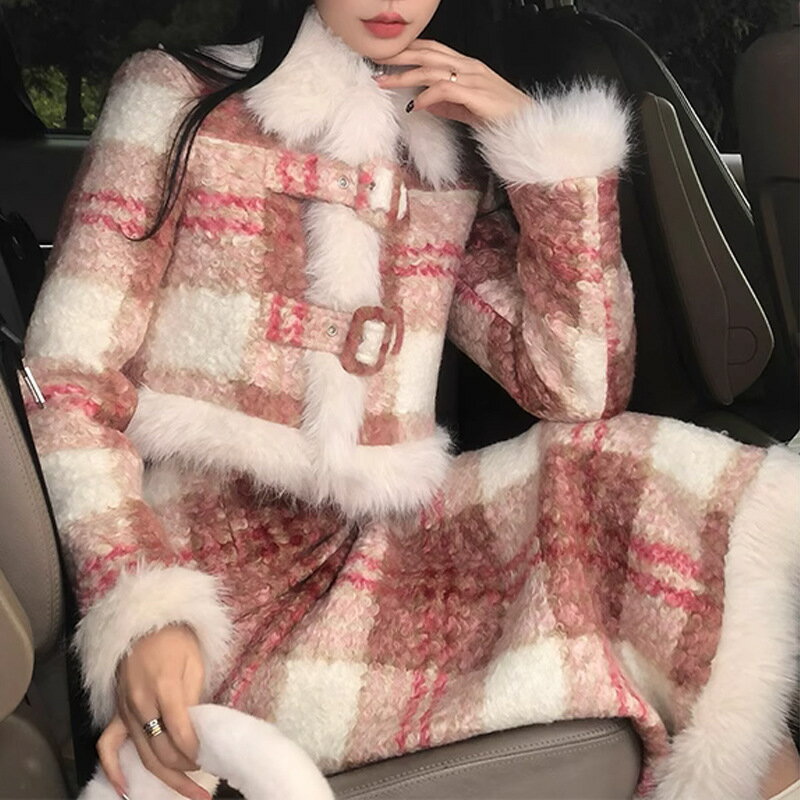 スカートスーツ セットアップ レディース おしゃれ 秋冬 長袖コート スリット ラシャジャケット ファー かわいい 格子縞 お出かけ 結婚式 二次会 フェミニン...