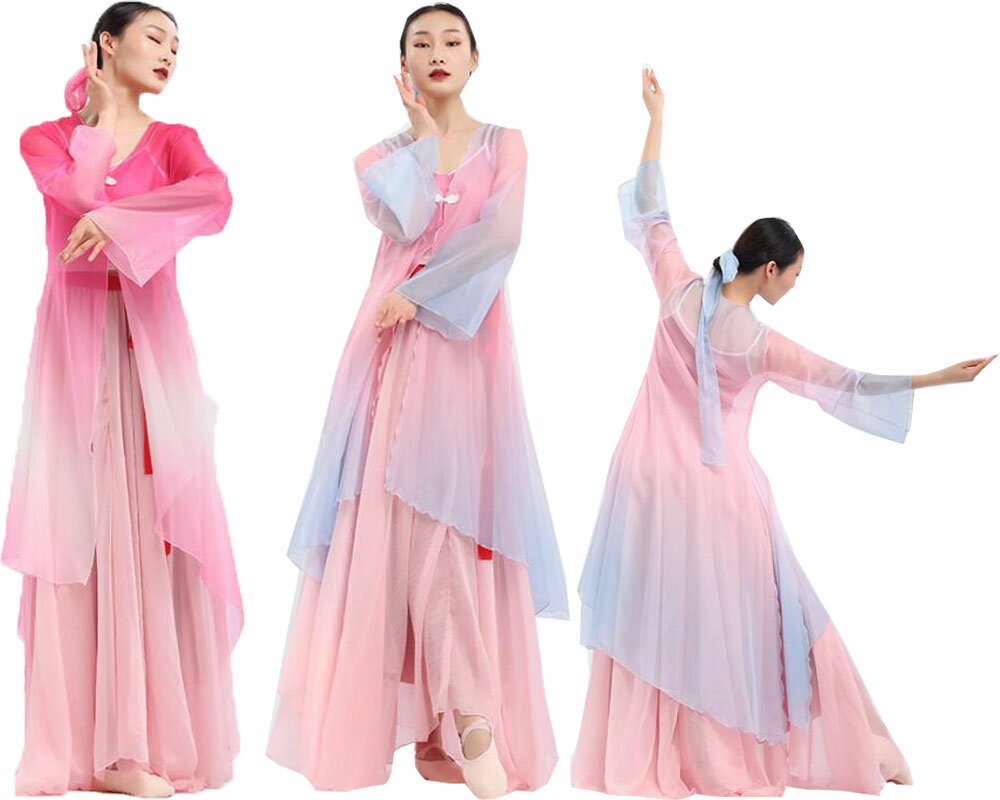 古典ダンス衣装 グラデーション 中華風カーディガン 大きい裾スカート 仙女衣装 フレア袖 ロング丈 シフォン マキシ丈スカート シースルー羽織 チャイナドレス 舞台演出服 華流 撮影衣装
