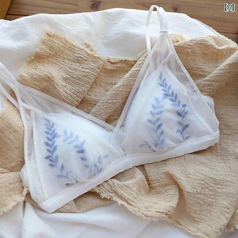 乐天商城 - レディース ノンワイヤー ブラジャー セット 薄杯 刺繍 レース 接触冷感 超薄 無痕 夏用 セクシー スタイル 雪白 ブルー グリーン イエロー レッド 吸汗 通気性 調整可能 固定肩紐 三角カップ 後ろ三列フック 軽量 伸縮性 ポリエステル ナイロン