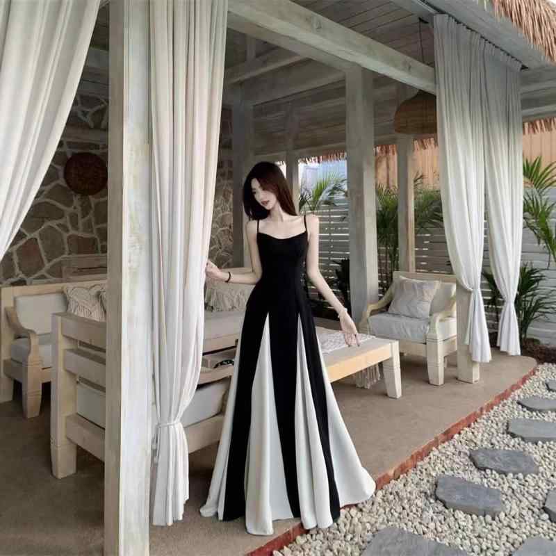樂天商城 - ワンピース 女性用 夏 吊り下げ Vネック 無袖 切り替え カラーブロック 中腰 収腰 Aライン ロングスカート ブラック 涤綸 ポリエステル 軽量 吸湿速乾 気質 優雅 日韓カジュアル デザイン ロング丈 フレア